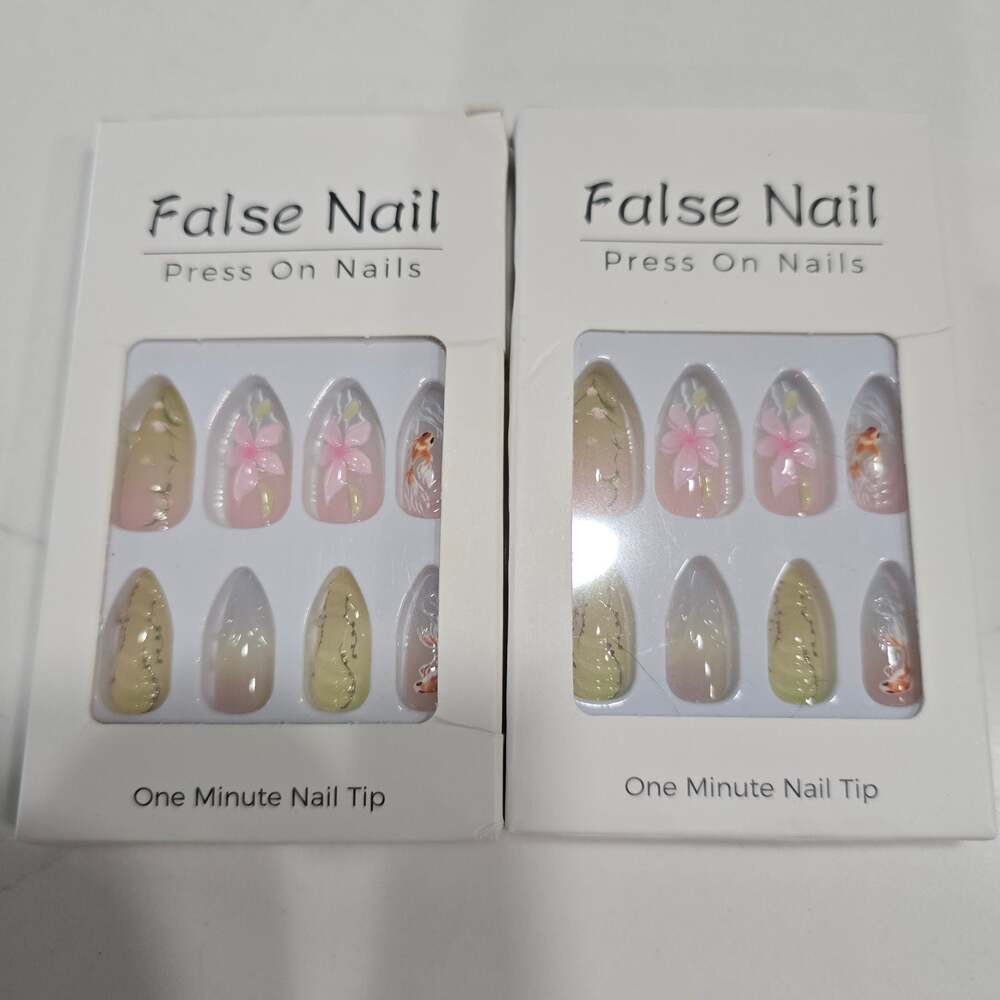 24 Pieces, Pink, White, Gradient, Rhinestone, Acrylic False Nail, Press on Nail